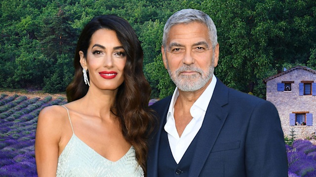 Amal and George Clooney pictured against lavender field in Provence