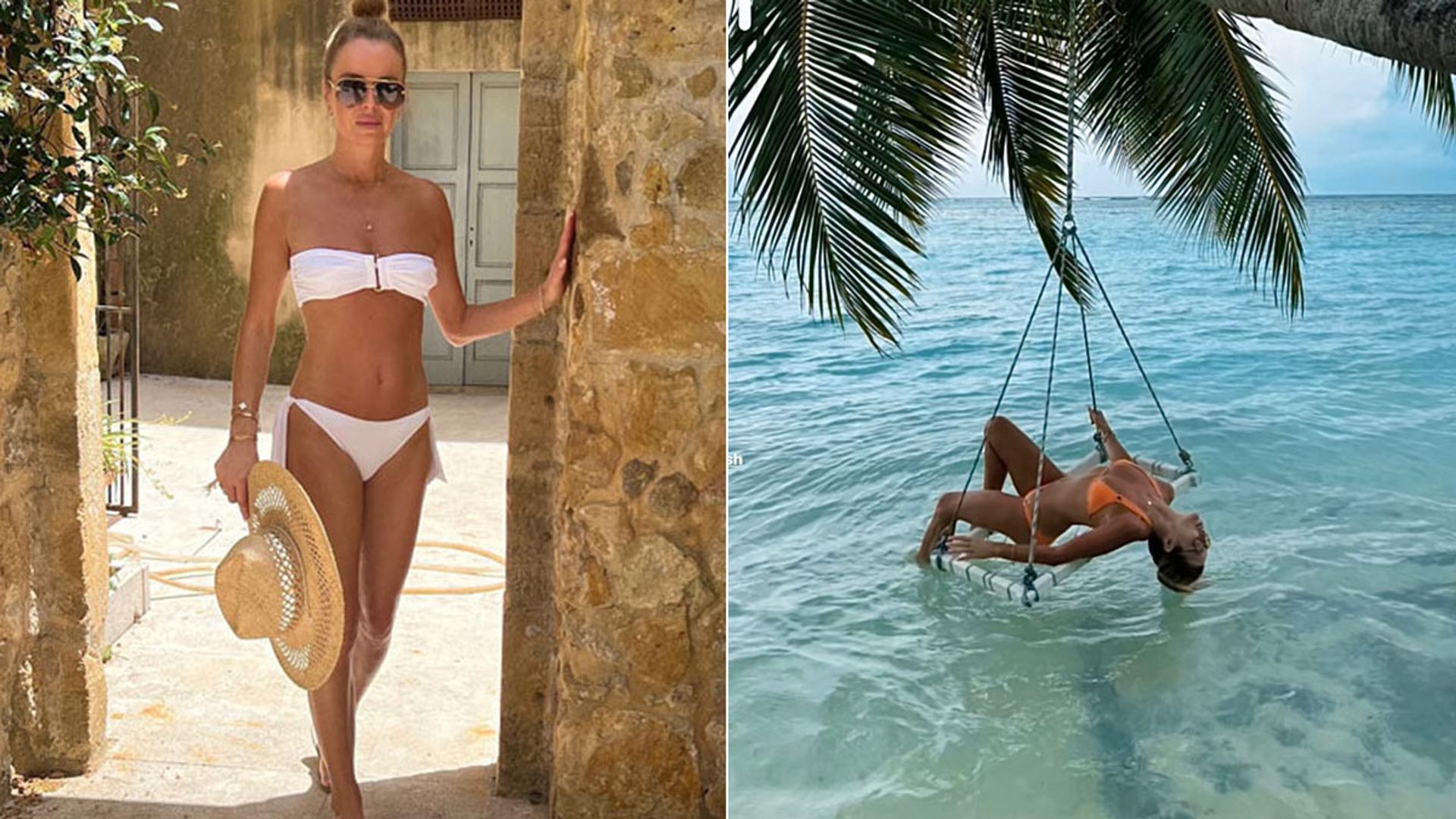 A split image of Amanda Holden in a white bikini and a Amanda doing a back bend on a swing 