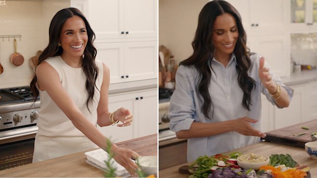 Meghan Markle in her rented kitchen where she filmed her Netflix show, With Love, Meghan