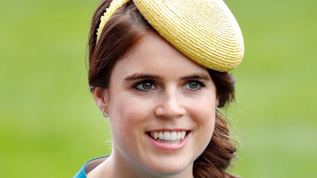 Princess Eugenie in blue dress and yellow fascinator