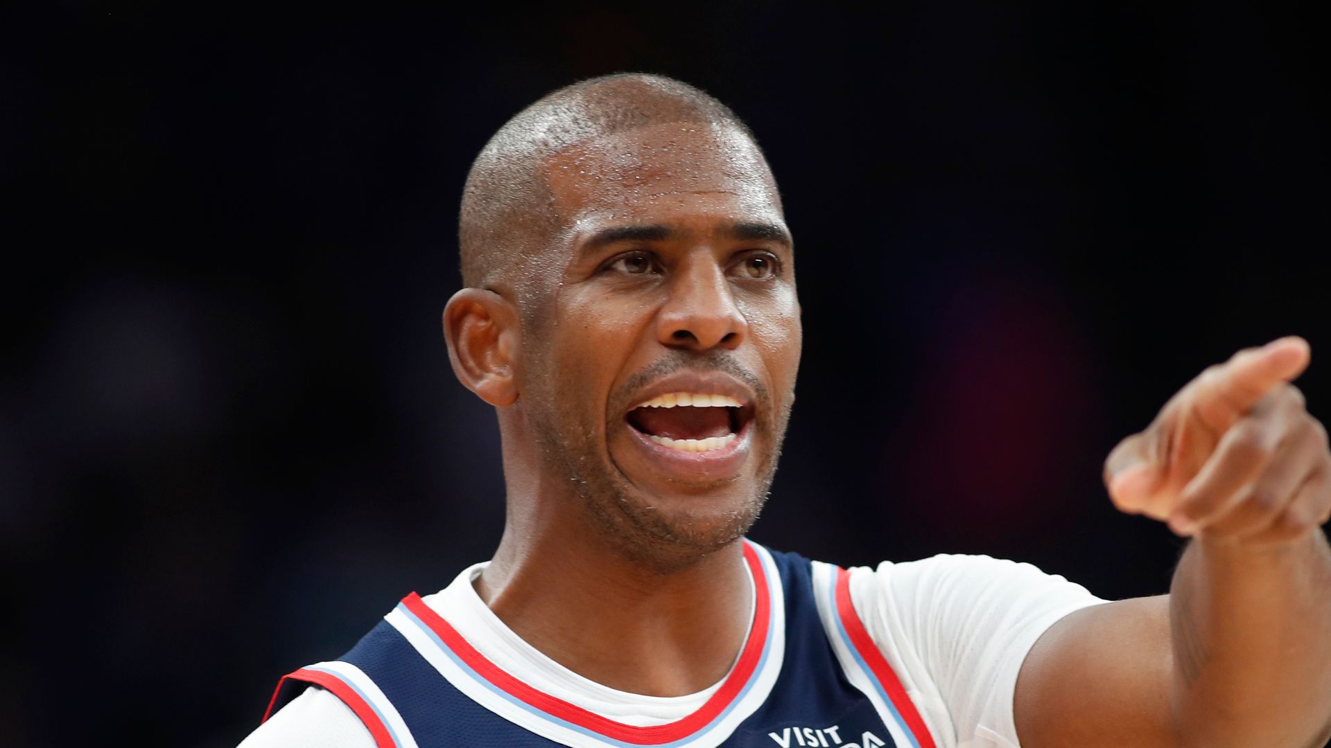 Chris Paul #3 of the Los Angeles Clippers reacts to an official's call during the second half against the Utah Jazz 