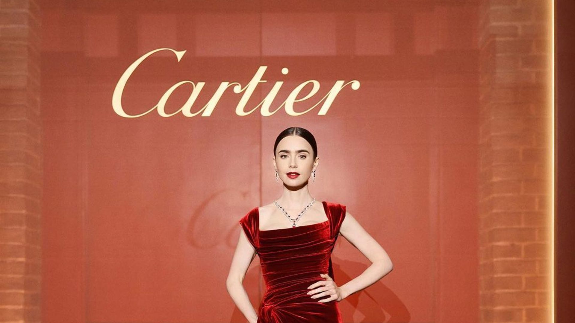 Lily wore a red velvet Elie Saab haute couture gown to Cartier's Beijing event