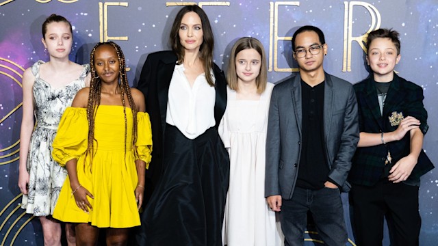 Angelina Jolie and her children, Shiloh, Zahara, Angelina, Vivienne, Maddox and Knox at the The Eternals UK Premiere in 2021