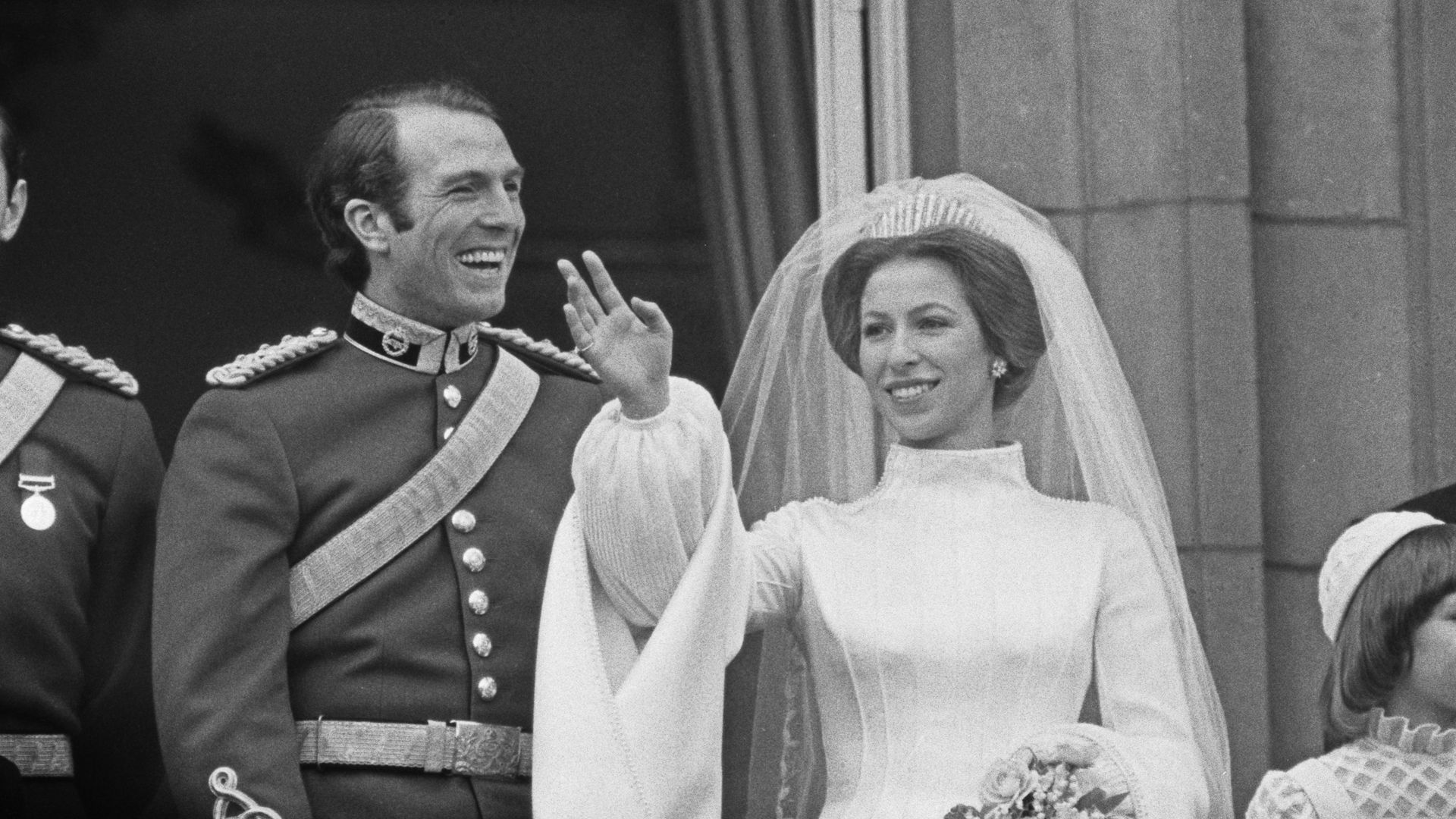 Princess Anne wearing Queen Mary's diamond fringe tiara on her wedding day