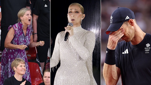 Split image of Duchess Sophie cheering, Celine Dion singing and Andy Murray after being defeated