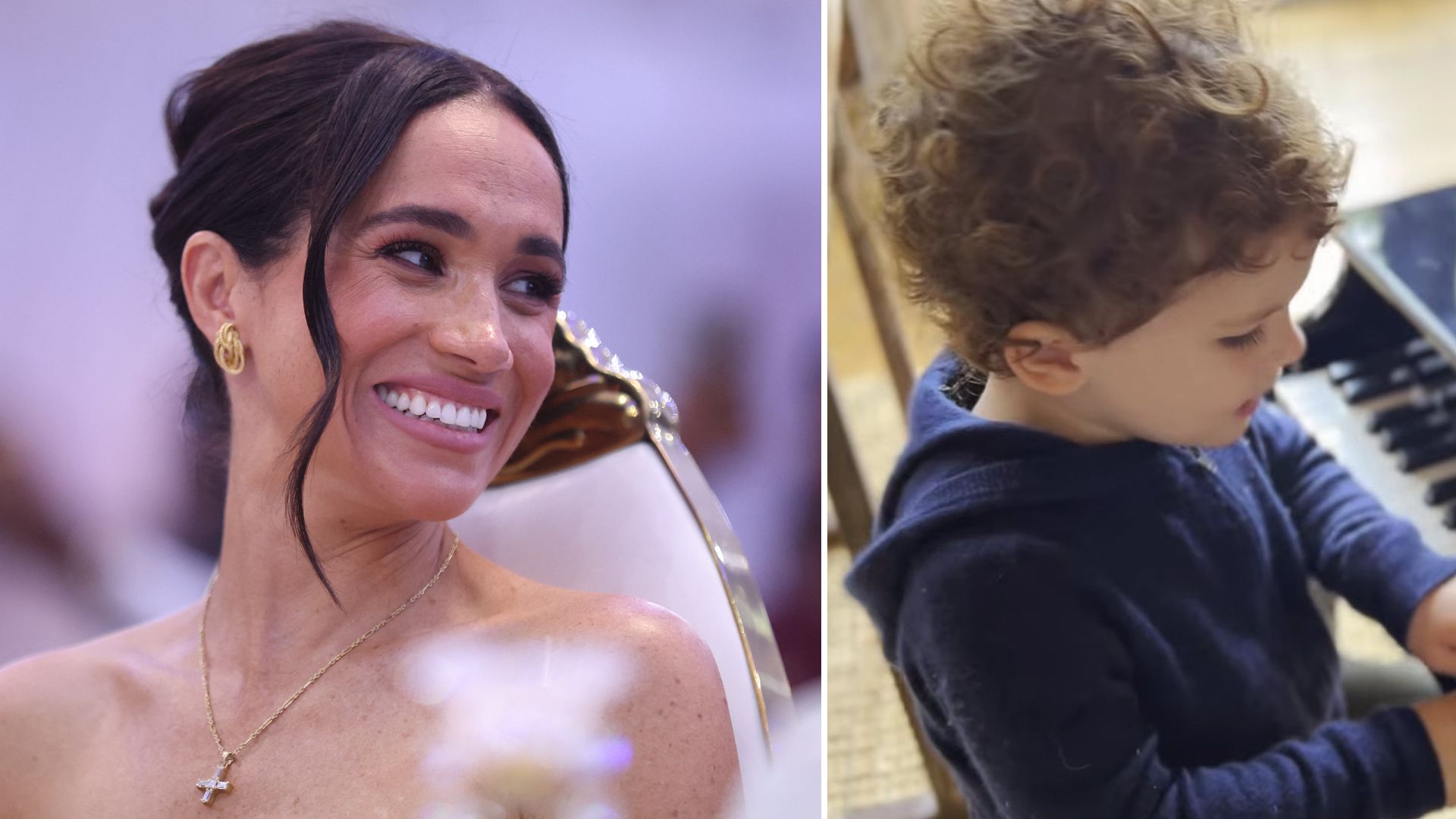 Meghan Markle smiling and Prince Archie playing the piano
