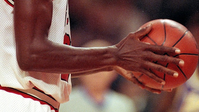 Michael Jordan #23 of the Chicago Bulls looks to make a free throw during game two of the NBA Finals 