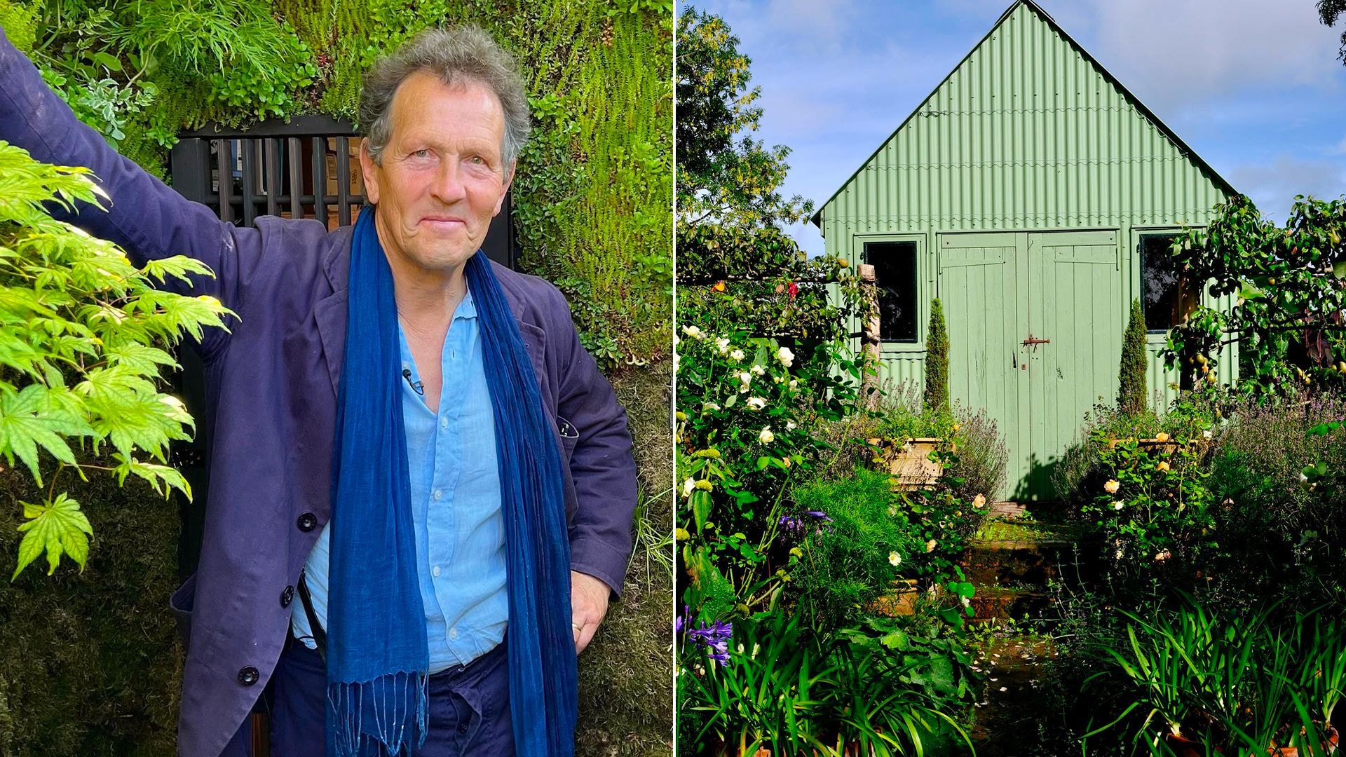 Monty Don standing in a garden, and his summer house 