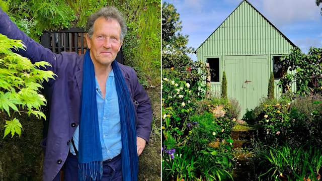 Monty Don standing in a garden, and his summer house 