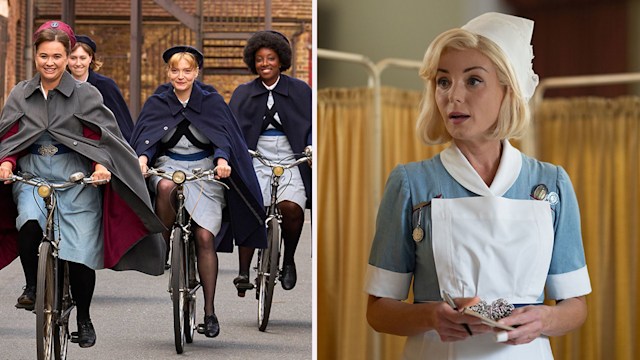 Call the Midwife midwives cycling and Helen George split image