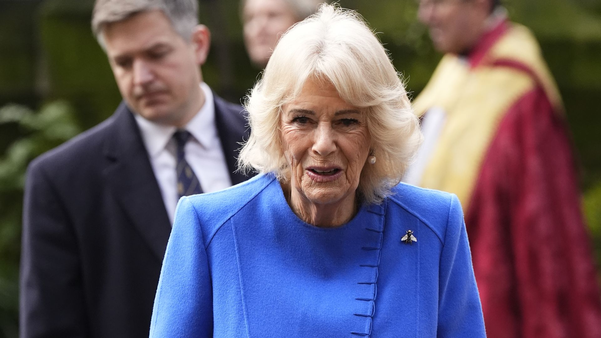 Queen Camilla arrives a service of thanksgiving for Dame Jilly Cooper at Southwark Cathedral, London on January 30, 2026