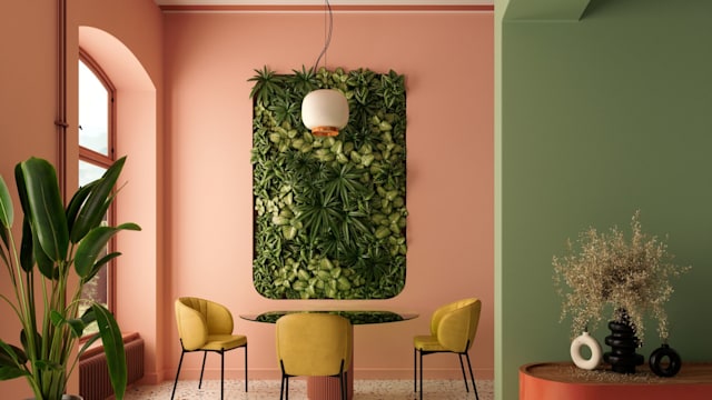 modern dining area with green and pink walls