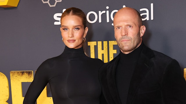 Rosie Huntington-Whiteley and Jason Statham attend the UK Premiere of "The Beekeeper" at Vue Leicester Square on January 10, 2024 in London, England