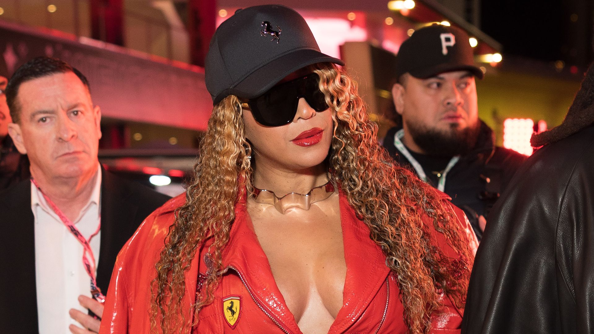 The singer turned heads in a bold red two piece and matching red lips during the F1 Grand Prix of Las Vegas