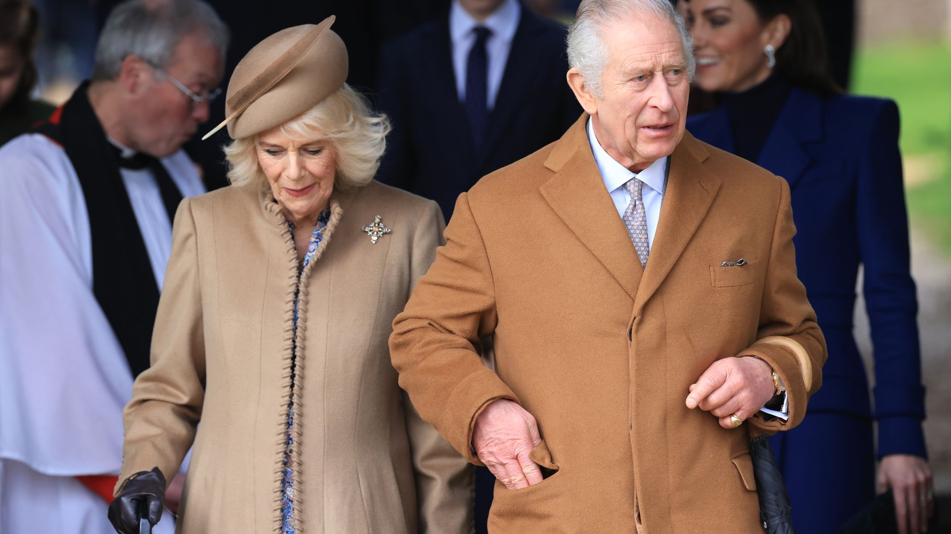 : King Charles III and Queen Camilla attend the Christmas Morning Service at Sandringham Church on December 25, 2023 in Sandringham, Norfolk