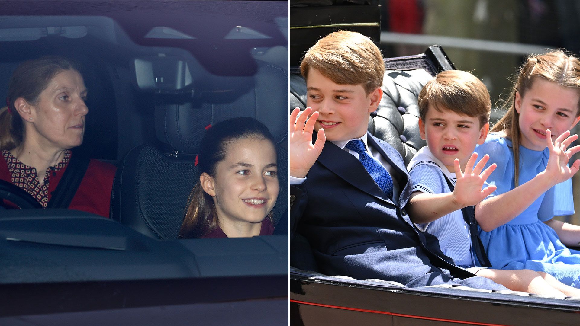 Royal nanny in car with princess charlotte beside picture of george, charlotte and louis waving in carriage