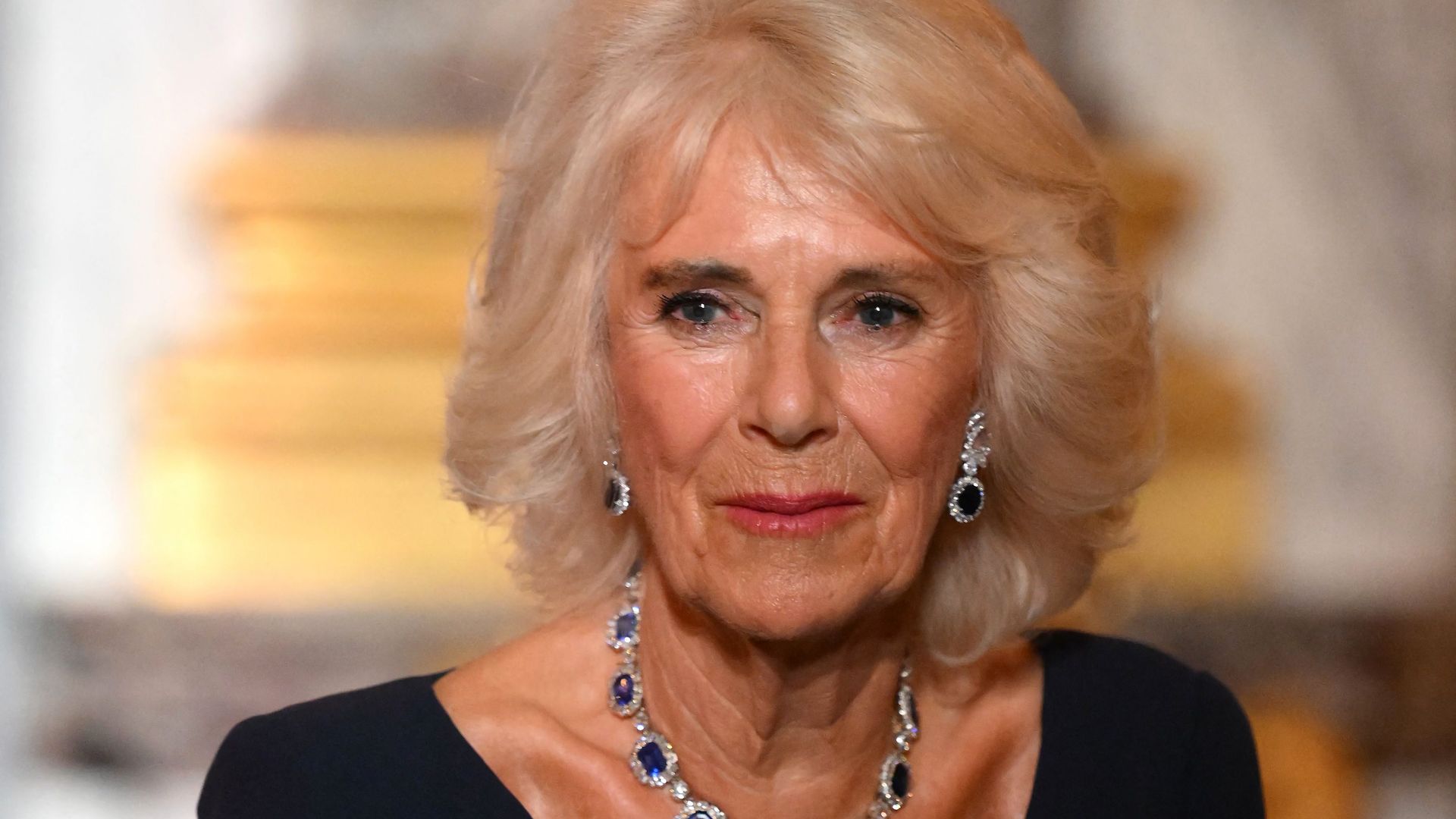 Britain's Queen Camilla attends a state banquet at the Palace of Versailles, west of Paris, on September 20, 2023, on the first day of a British royal state visit to France. Britain's King Charles III and his wife Queen Camilla are on a three-day state visit to France.