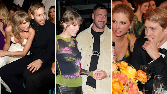 Split image of Taylor Swift with Calvin Harris, Travis Kelce and Joe Alwyn