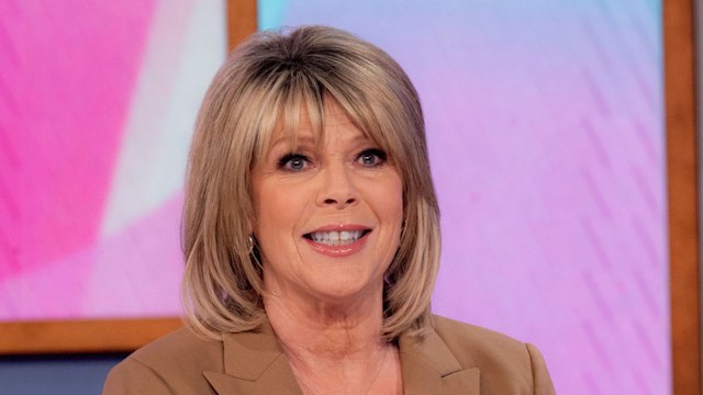 Ruth Langsford in a beige blazer looking surprised