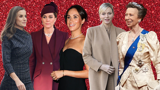 queen letizia, Princess Kate, Meghan Markle, princess charlene, princess anne with red glitter backdrop