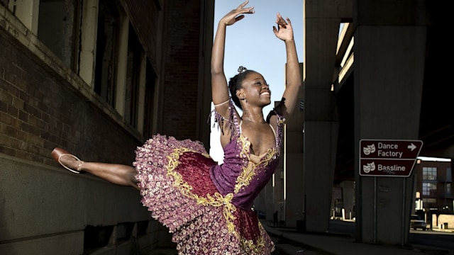 Michaela DePrince holding an arabesque 