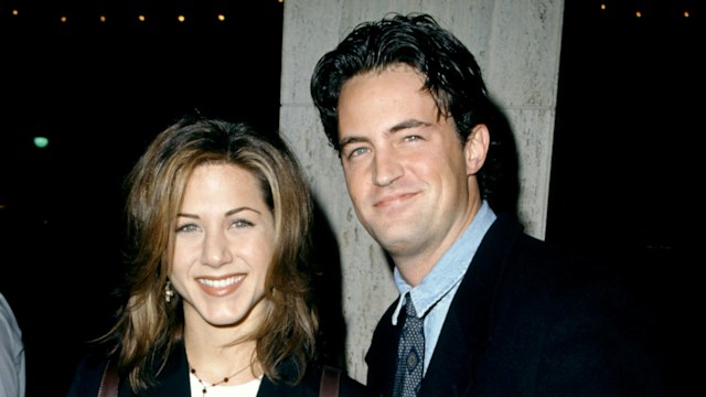 American actress Jennifer Aniston and Canadian-American actor Matthew Perry attend the Screening of the NBC Original Movie "Serving in Silence: The Margarethe Cammermeyer Story" on January 23, 1995 at the Cineplex Odeon Century Plaza Cinemas in Century City, California.