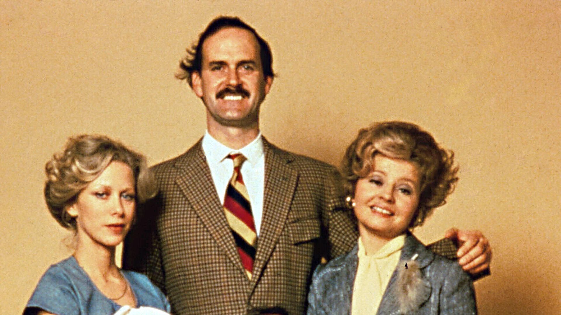 Cast of Fawlty Towers with John Cleese, Connie Booth, Prunella Scales and Andrew Sachs