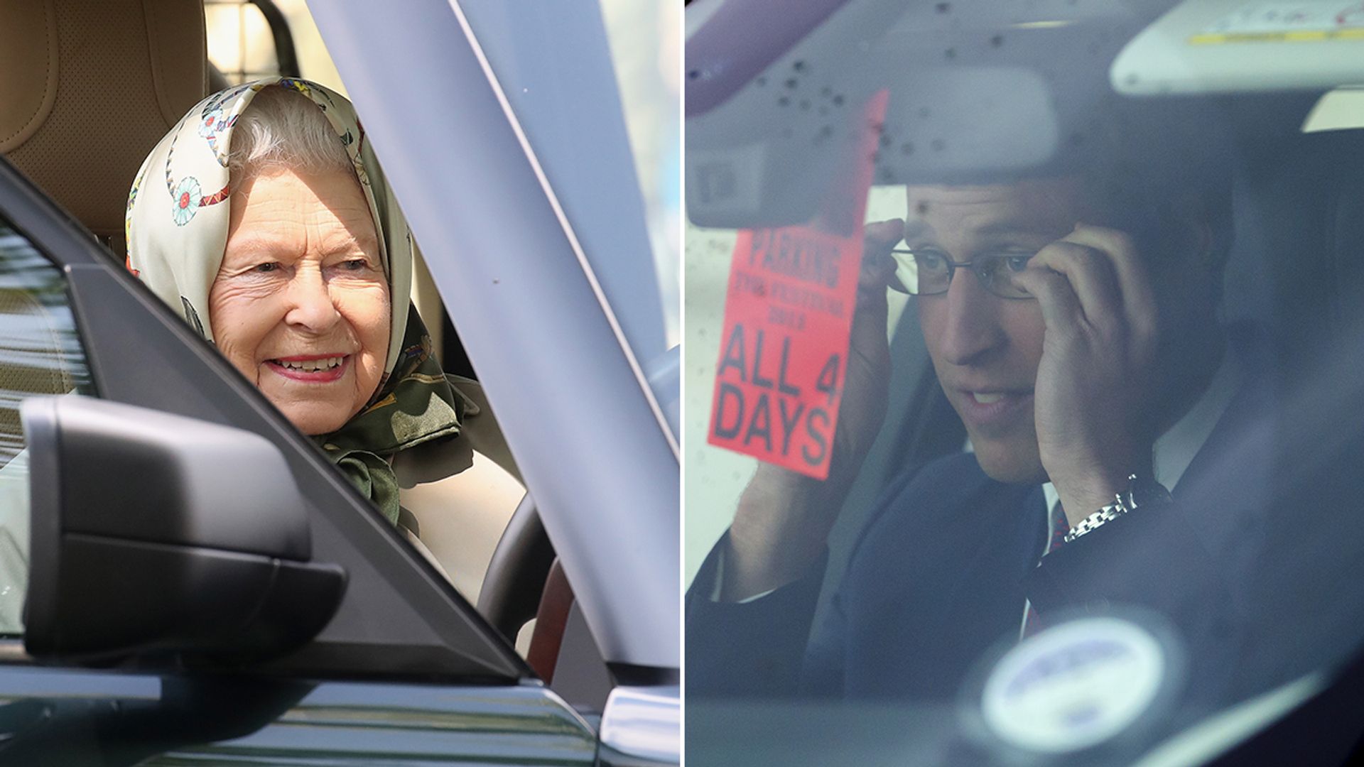 Split image of the Queen and Prince William driving