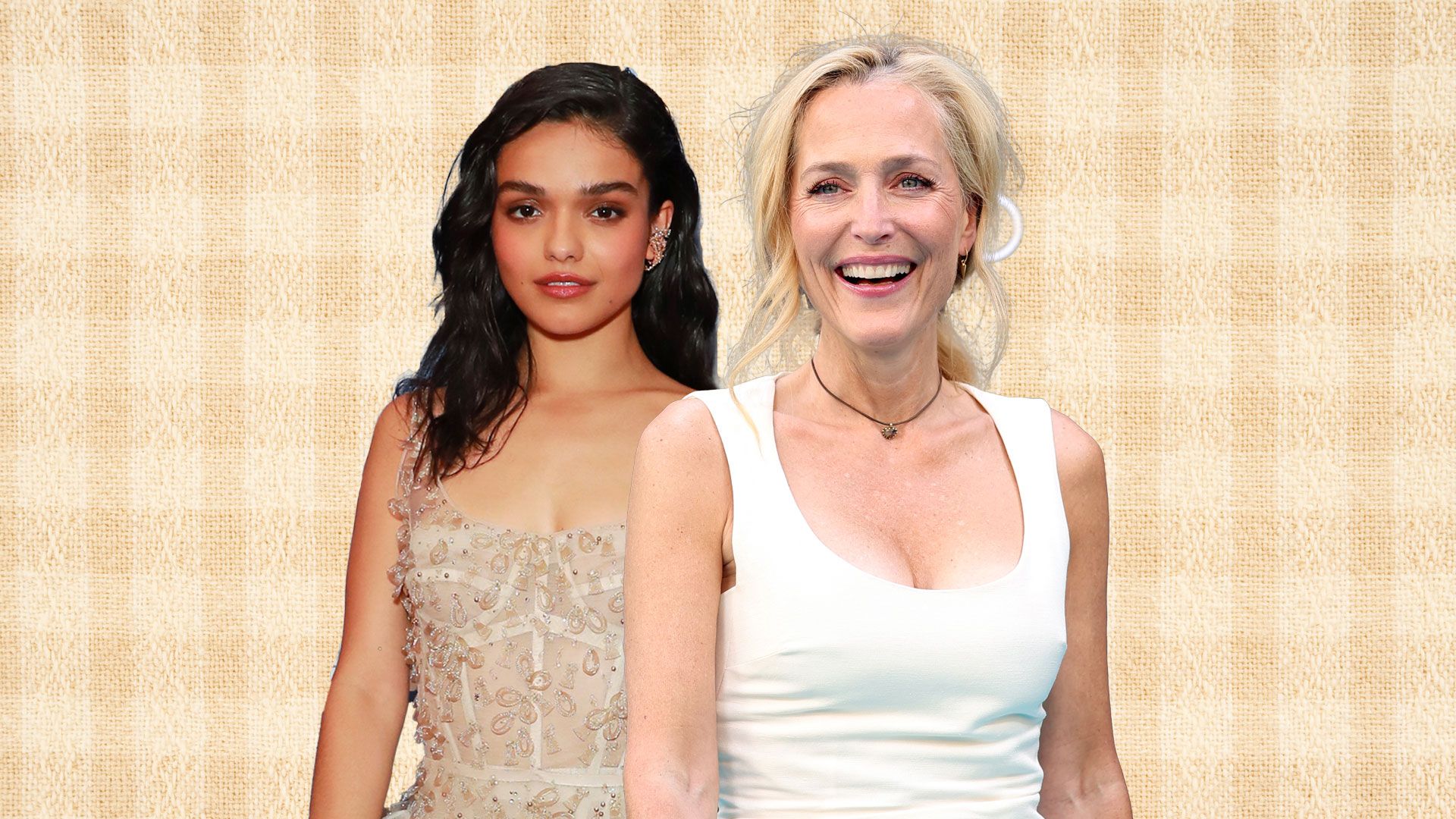 rachel zegler and gillian anderson cropped photos over beige gingham backdrop