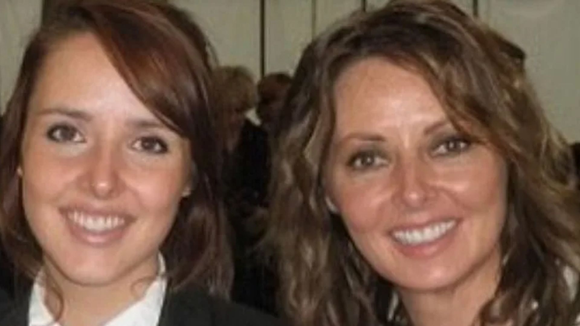 Carol Vorderman in a right dress and daughter Katie in a school uniform