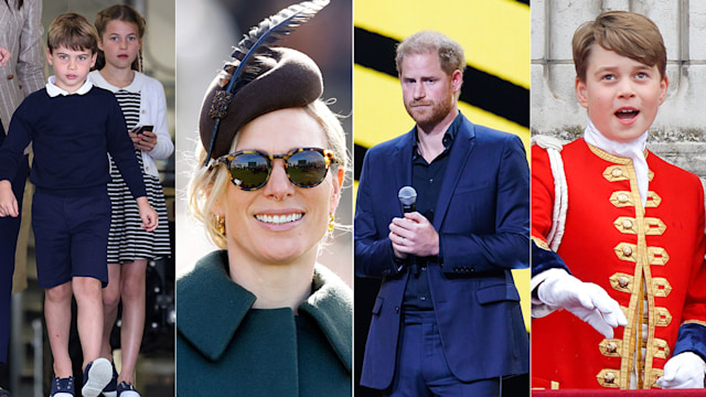 Split image of Prince louis and Princess Charlotte, Zara Tindall, Prince Harry and Prince George