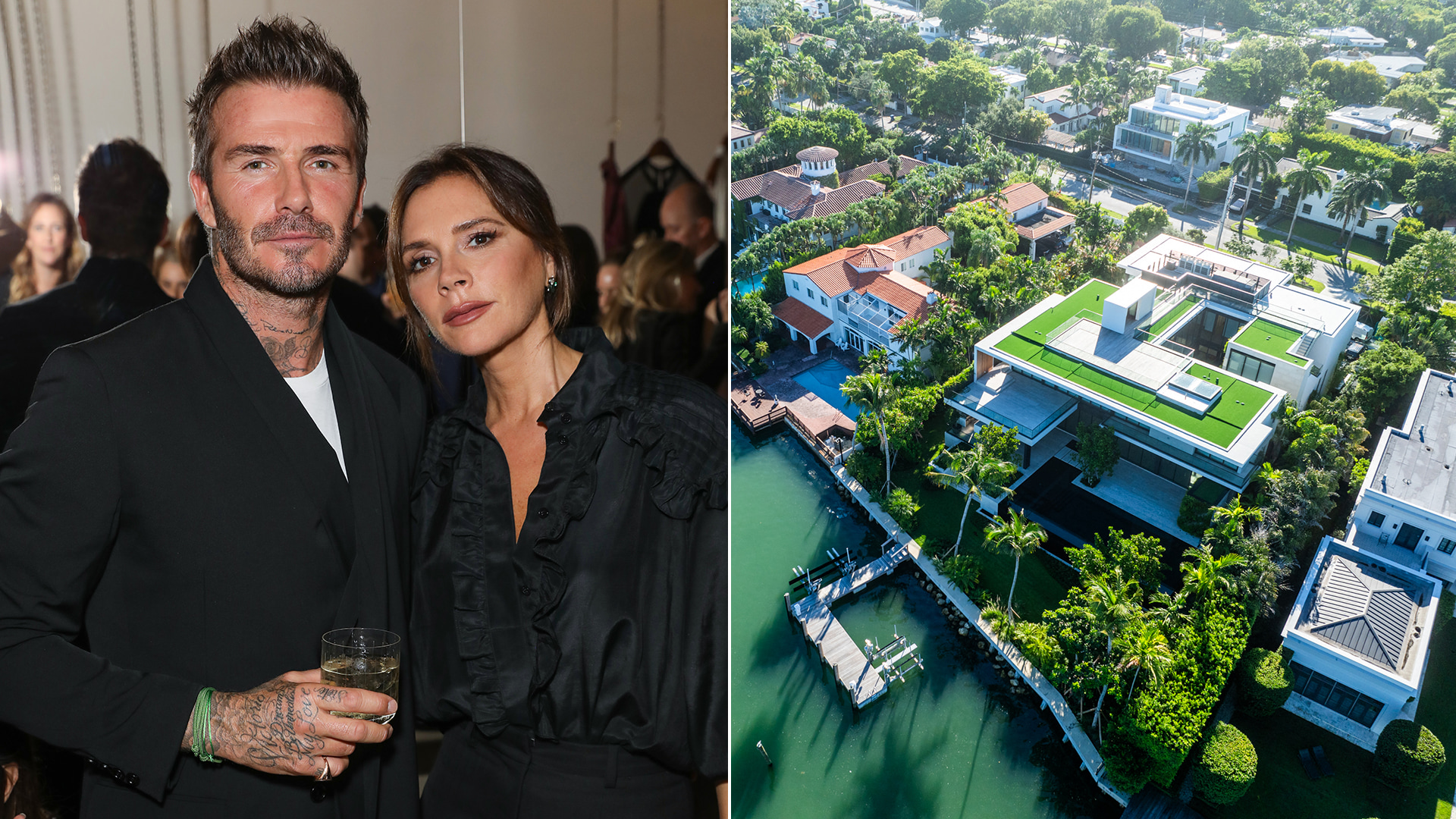 Split image David and Victoria Beckham and aerial shot of their $60m Miami mansion