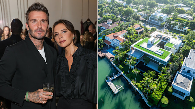 Split image David and Victoria Beckham and aerial shot of their $60m Miami mansion