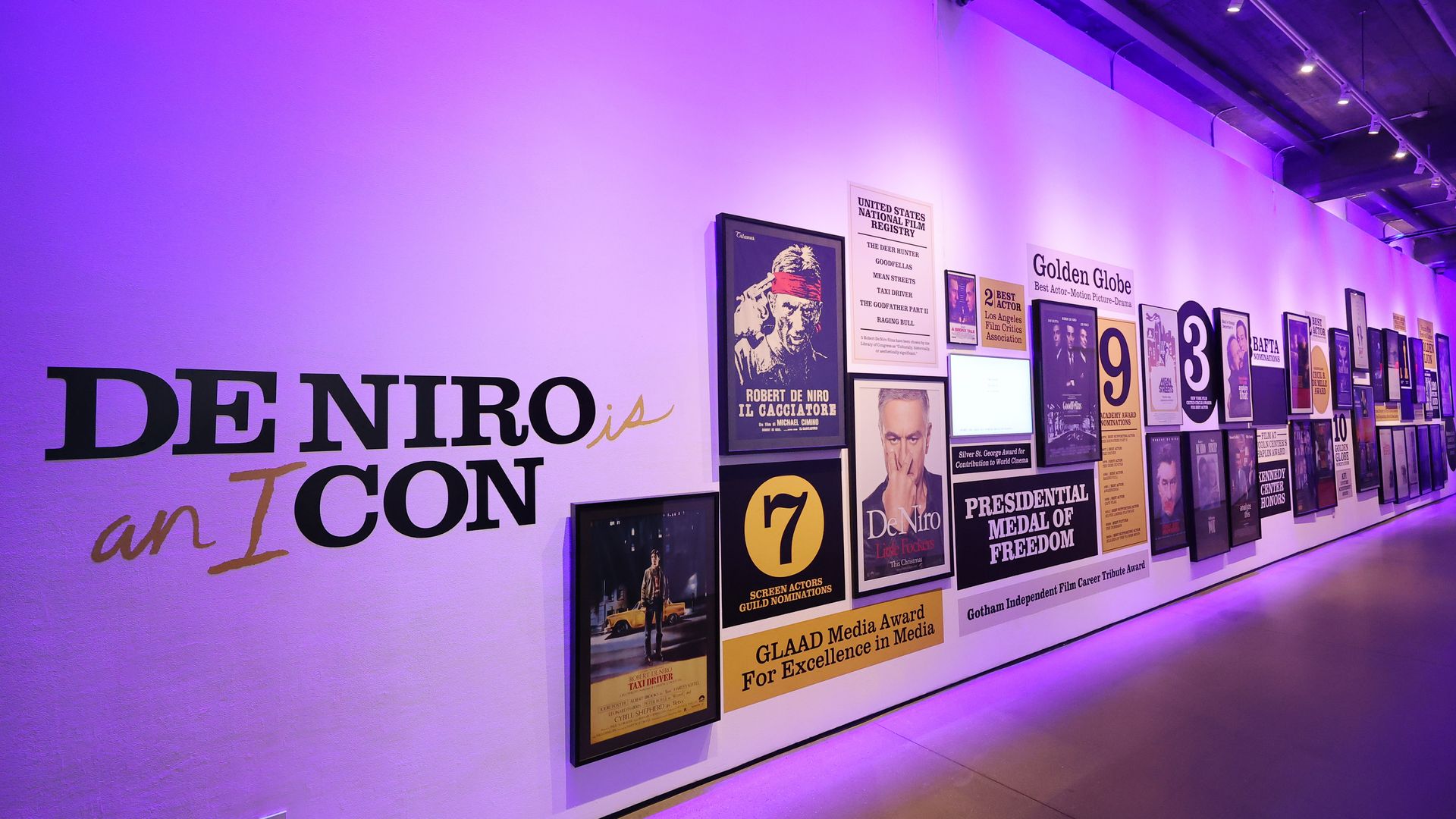 A view of artwork and posters on display at the 2024 De Niro Con press preview at Spring Studios on June 06, 2024 in New York City.