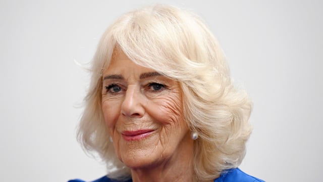 Queen Camilla smiling small in a blue dress