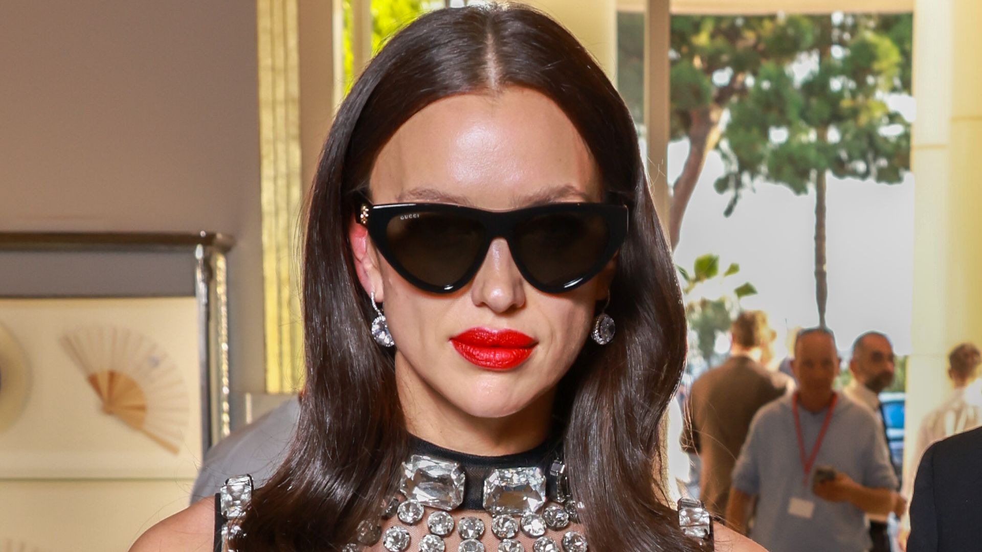 irina shayk wearing lingerie sunglasses hotel lobby cannes