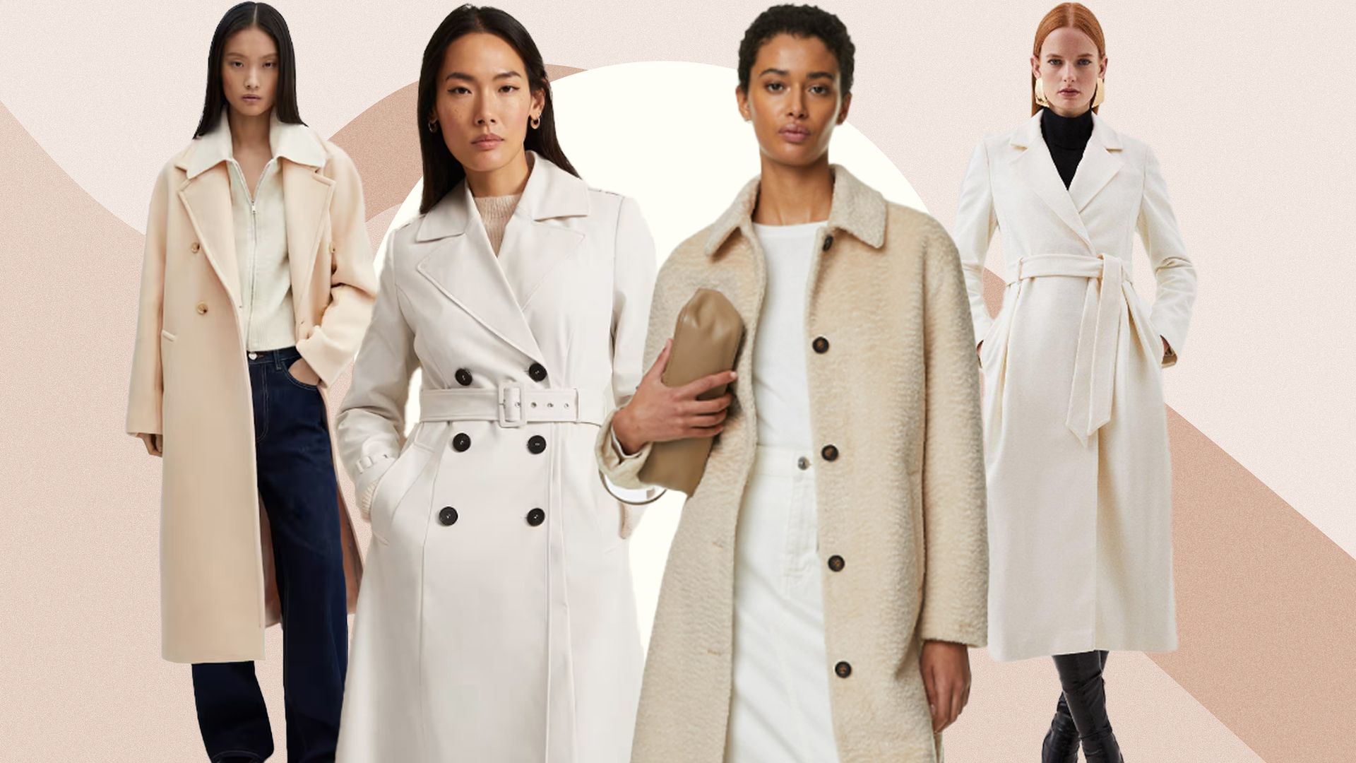 collage four models wearing cream coats 