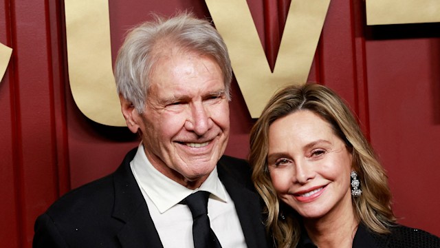 Actor Harrison Ford and wife Calista Flockhart attend the Apple TV+ 75th Emmy Awards red carpet event in Los Angeles on January 15, 2024.