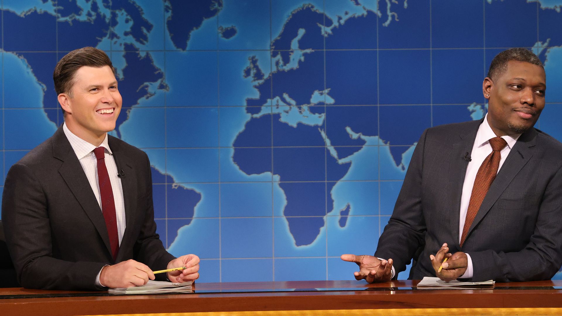 Colin Jost and Michael Che during Weekend Update on Saturday, March 29, 2025 -- (Photo by: Will Heath/NBC via Getty Images)