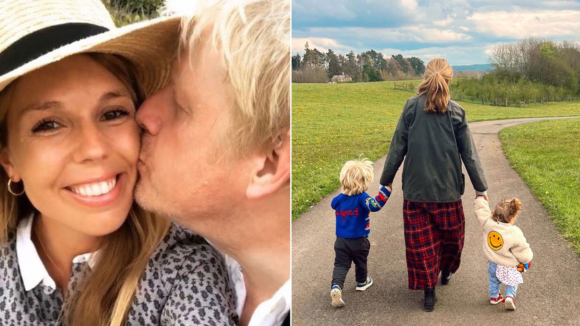 A split image of Carrie Johson and Boris Johnson and their children