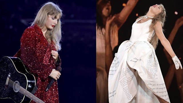 Split screen of two photos of Taylor Swift on stage looking sad during the Eras Tour