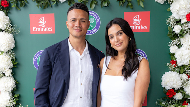 Jermaine and Ellie Jenas in front of a background