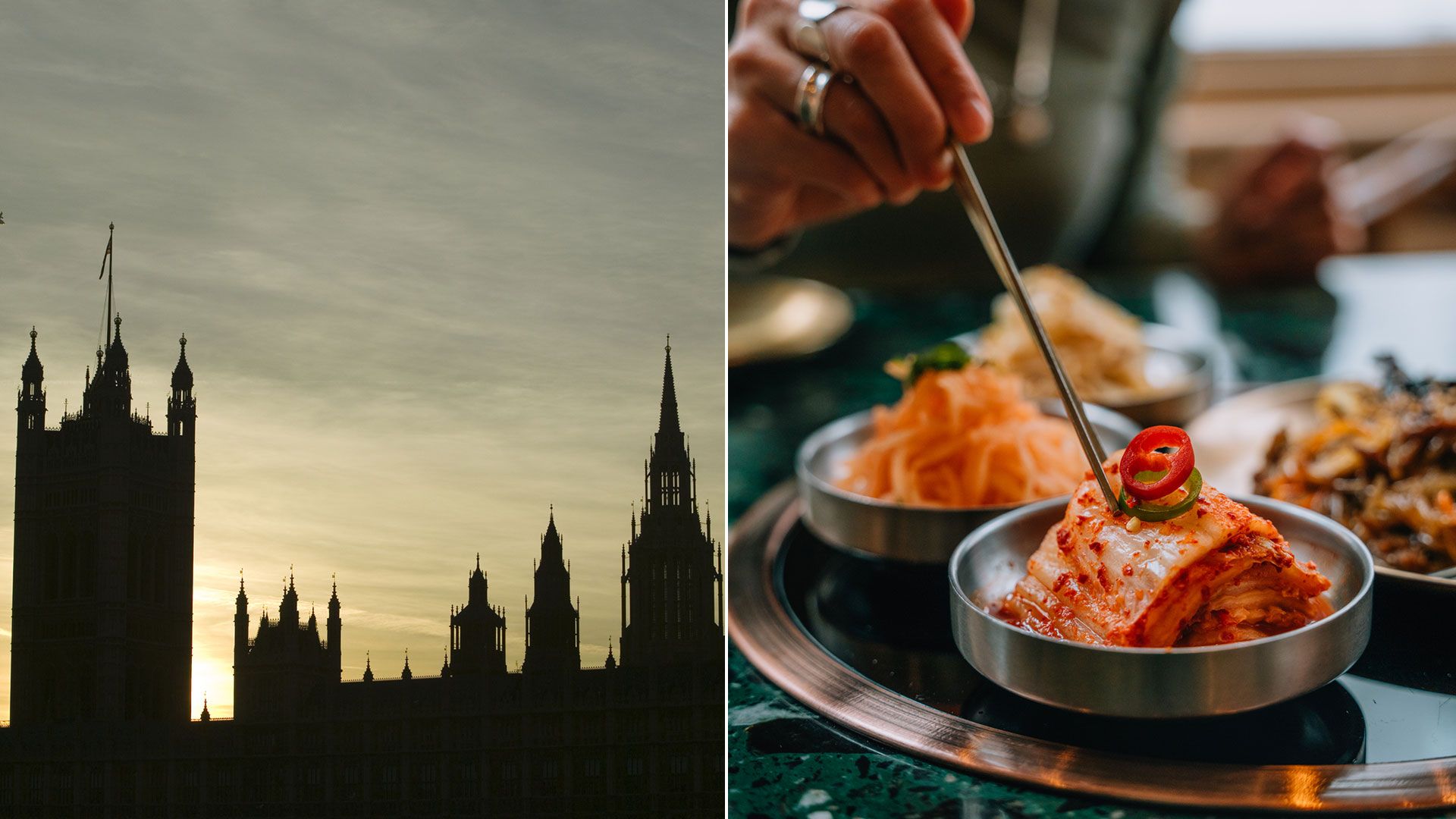london skyline beside photo of food in dish with chopsticks