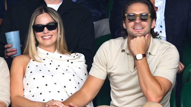 Margot Robbie and Tom Ackerley court-side of Centre Court on day twelve of the Wimbledon Tennis Championships at the All England Lawn Tennis and Croquet Club on July 12, 2024 in London, England