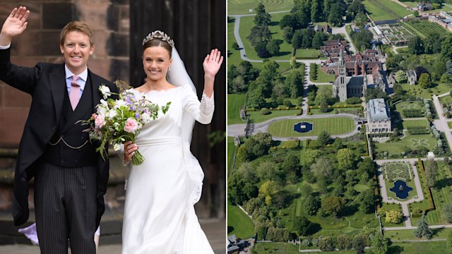 A split image of the duke and duchess of westminster and eaton hall