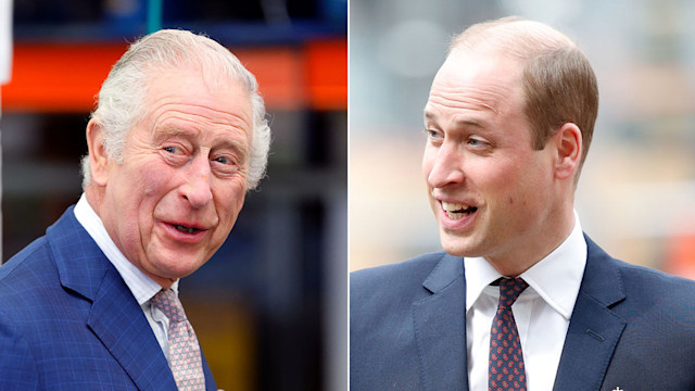 split image showing prince william and king charles laughing