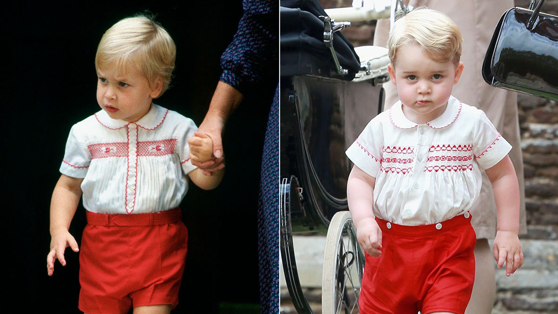 split image showing prince william and prince george in matching outfits