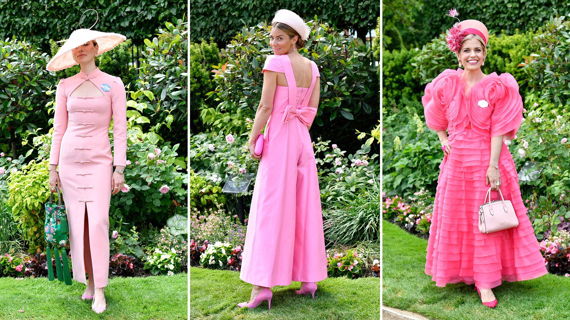 Three Ascot guests wearing all-pink outfits 