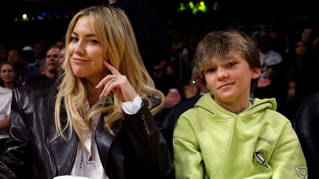 Kate Hudson and her son Bing attends the Los Angeles Lakers and Denver Nuggets game at Crypto.com Arena on March 2, 2024 in Los Angeles, California