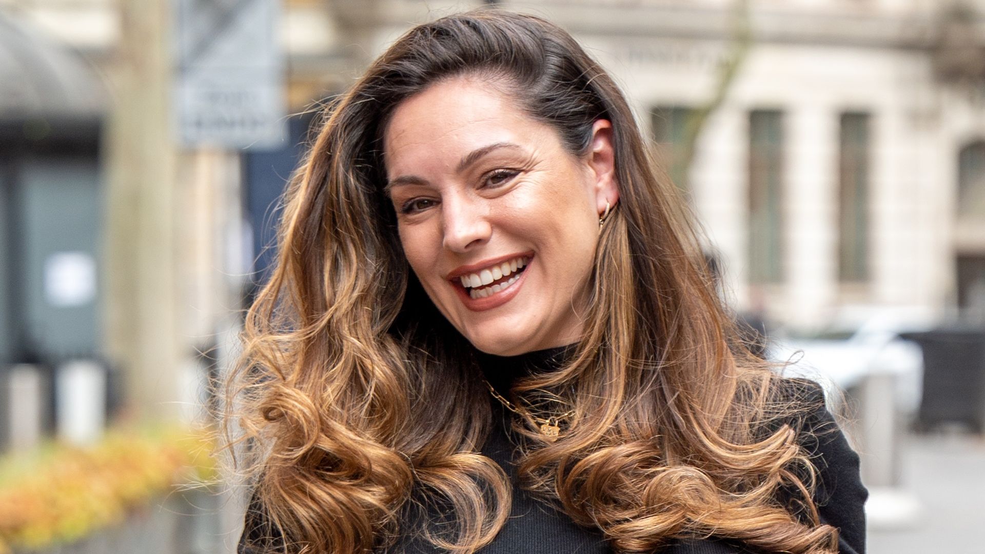 Kelly Brook is seen arriving at Global Radio Studios on April 21, 2021 in London, England.